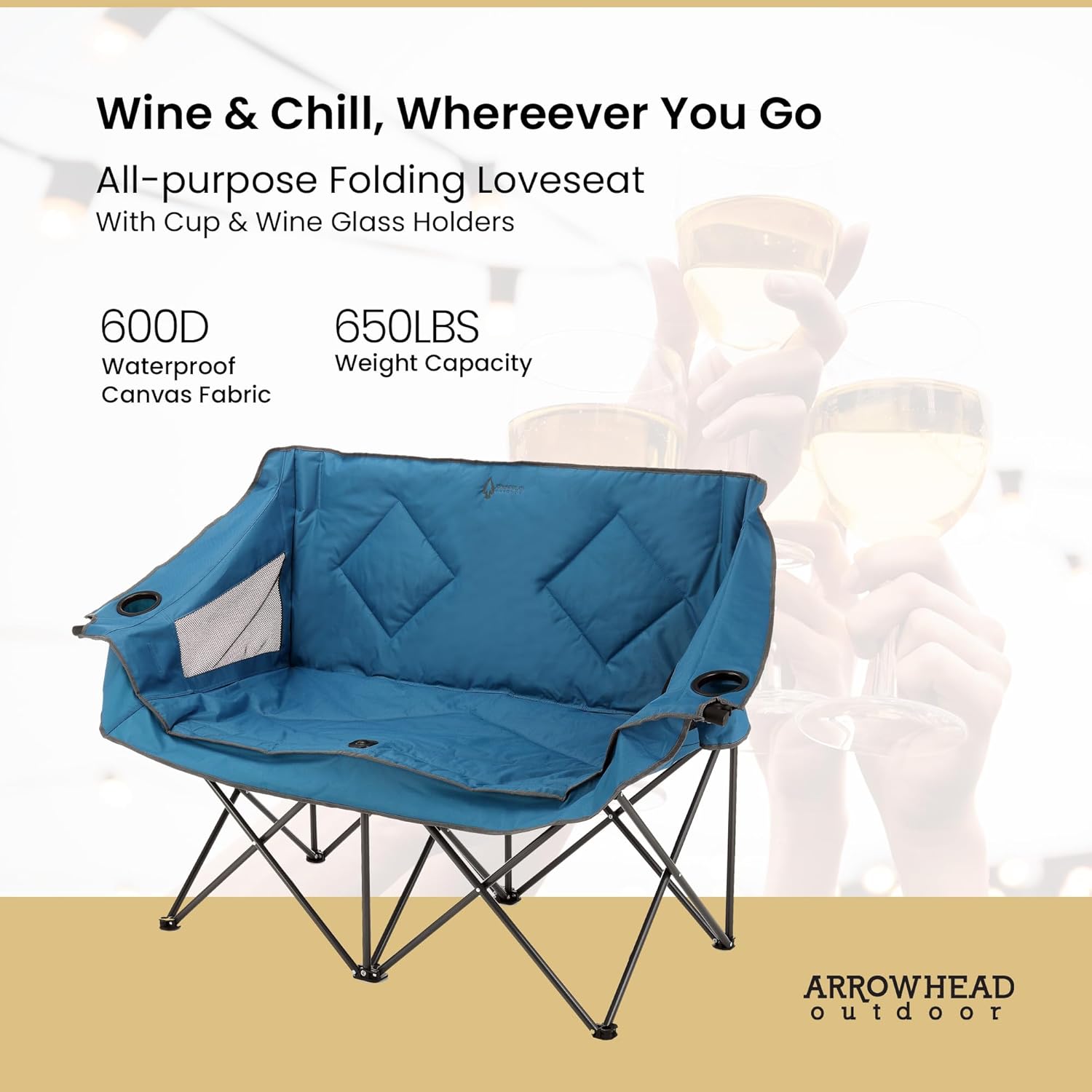 ARROWHEAD OUTDOOR Portable Folding Double Duo Camping Chair Loveseat w/ 2 Cup & Wine Glass Holder, Heavy-Duty Carrying Bag, Padded Seats & Armrests, Supports up to 500lbs, USA-Based Support - Image 4