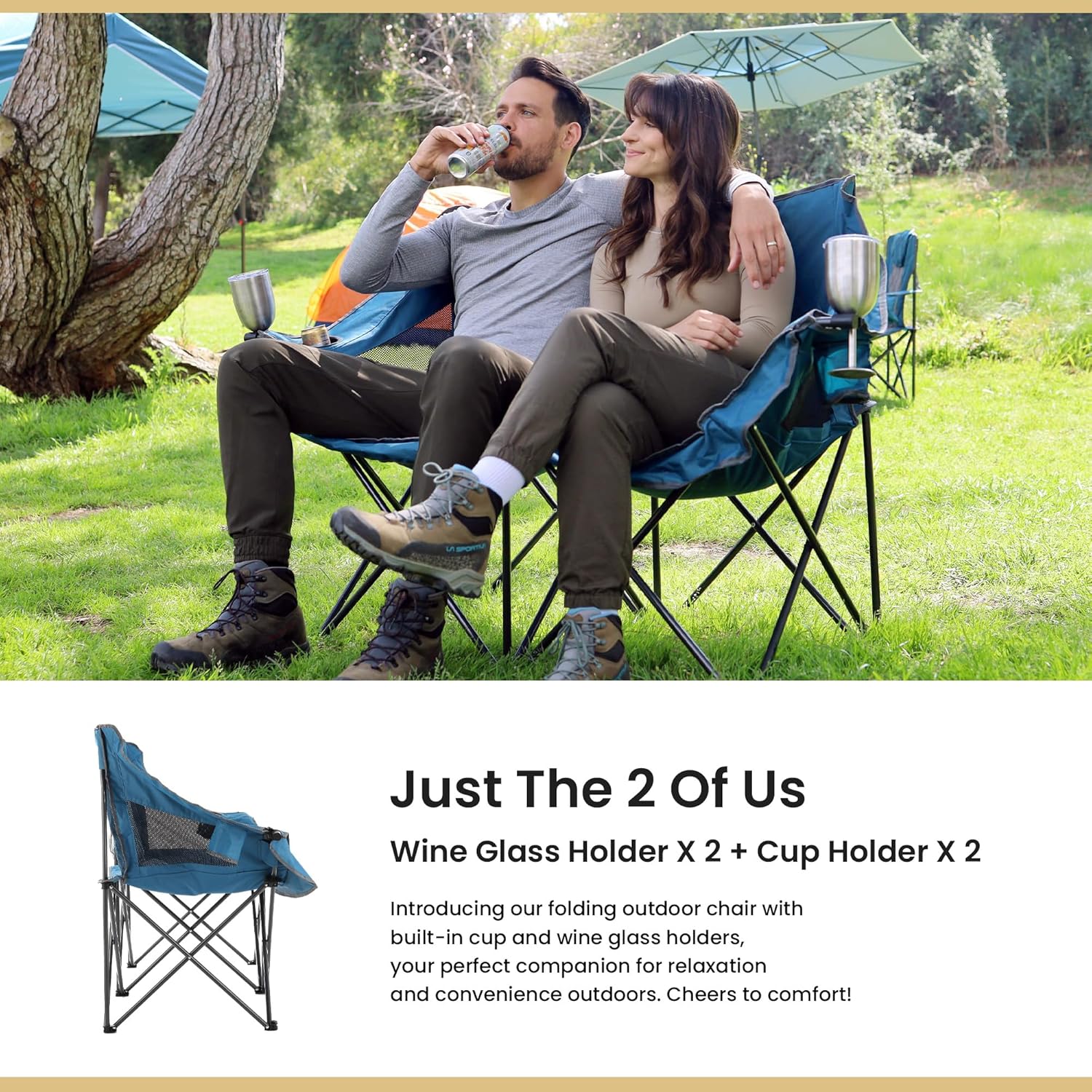 ARROWHEAD OUTDOOR Portable Folding Double Duo Camping Chair Loveseat w/ 2 Cup & Wine Glass Holder, Heavy-Duty Carrying Bag, Padded Seats & Armrests, Supports up to 500lbs, USA-Based Support - Image 5