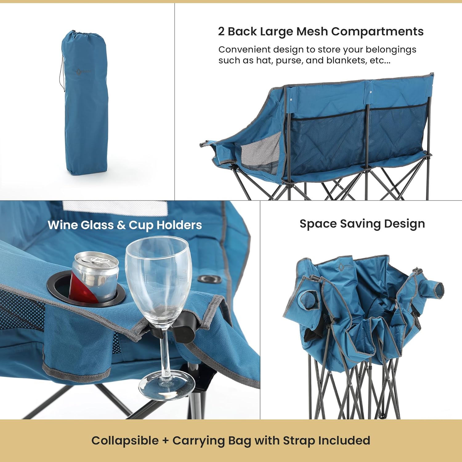 ARROWHEAD OUTDOOR Portable Folding Double Duo Camping Chair Loveseat w/ 2 Cup & Wine Glass Holder, Heavy-Duty Carrying Bag, Padded Seats & Armrests, Supports up to 500lbs, USA-Based Support - Image 6