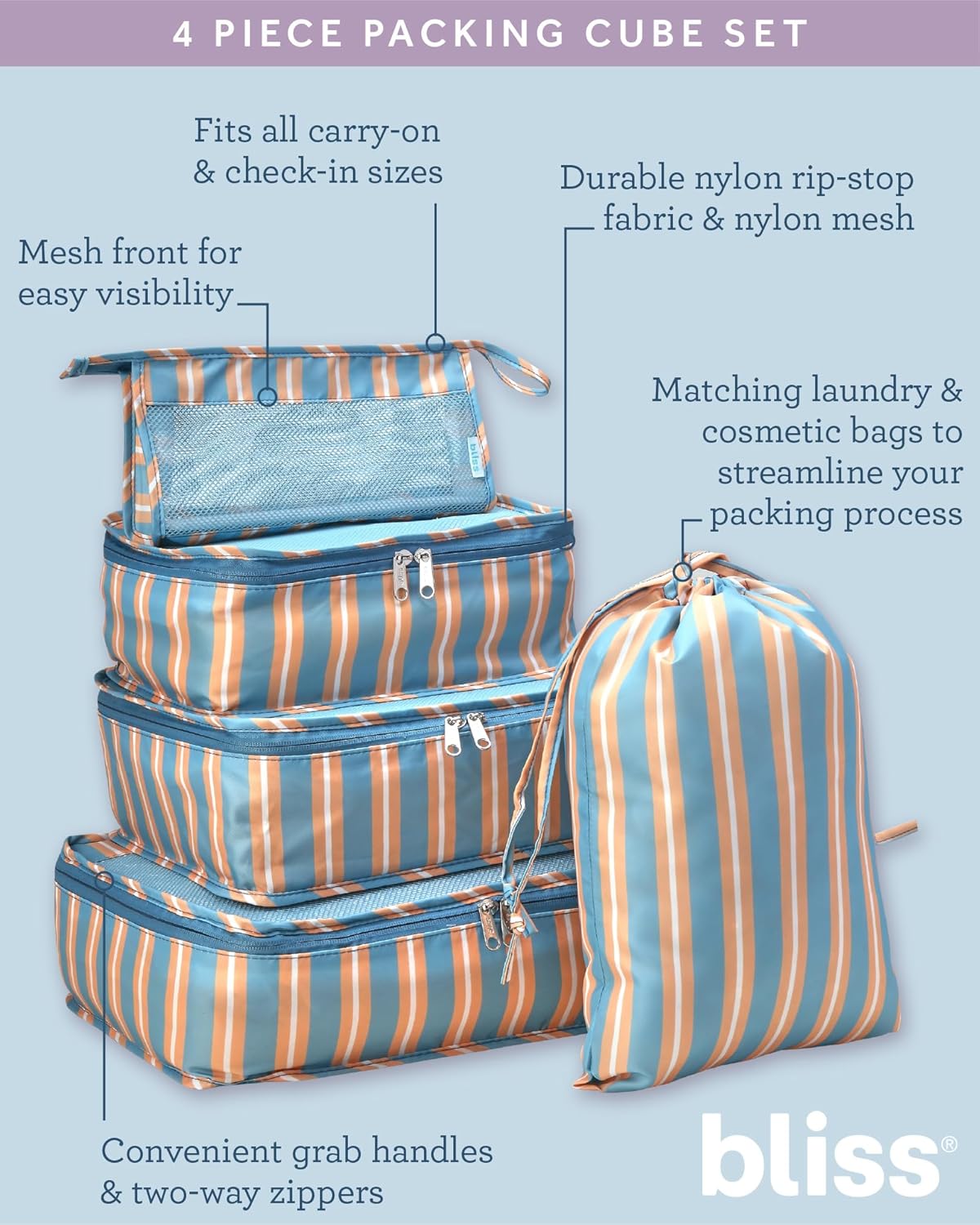 Bliss Travel Packing Cubes - 3 Pack/4 Pack/5 Pack Compact Suitcase Organizer, Durable Mesh Front Travel Cubes for Packing, Organizer Bags for Clothes, Toiletries, Cosmetics, Laundry, 5PCAmalfiVibes - Image 4