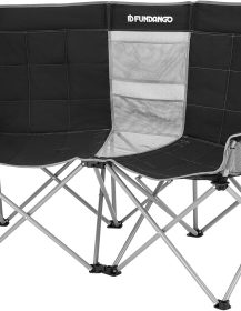 FUNDANGO Oversized Double Camping Chair, 660lbs Heavy Duty 2 Person Folding Padded Loveseat for Adults with Arm Cup Holder for Outdoor Patio Lawn Camp with Carry Bag (Black/Grey)