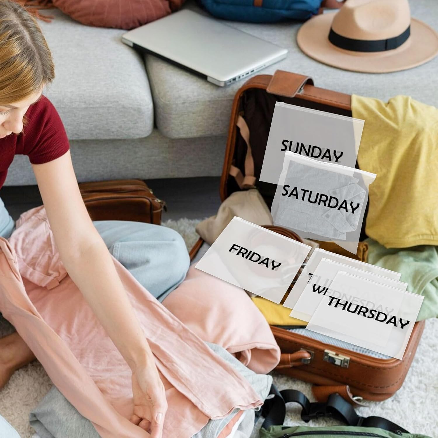 Packing Cubes Days of the Week,6Pcs Sunday Frosted Travel Organizer Pouches Packing Cubes Packing Organizers Days of Week Travel Pouches for Suitcase Vacations Home Storage and Organizing Bag - Image 3