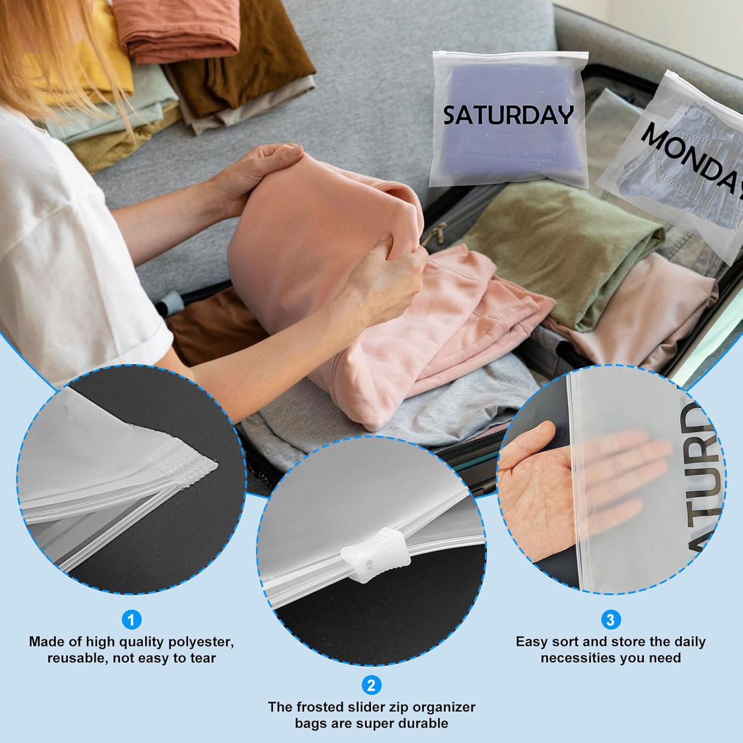 Packing Cubes Days of the Week,6Pcs Sunday Frosted Travel Organizer Pouches Packing Cubes Packing Organizers Days of Week Travel Pouches for Suitcase Vacations Home Storage and Organizing Bag - Image 4